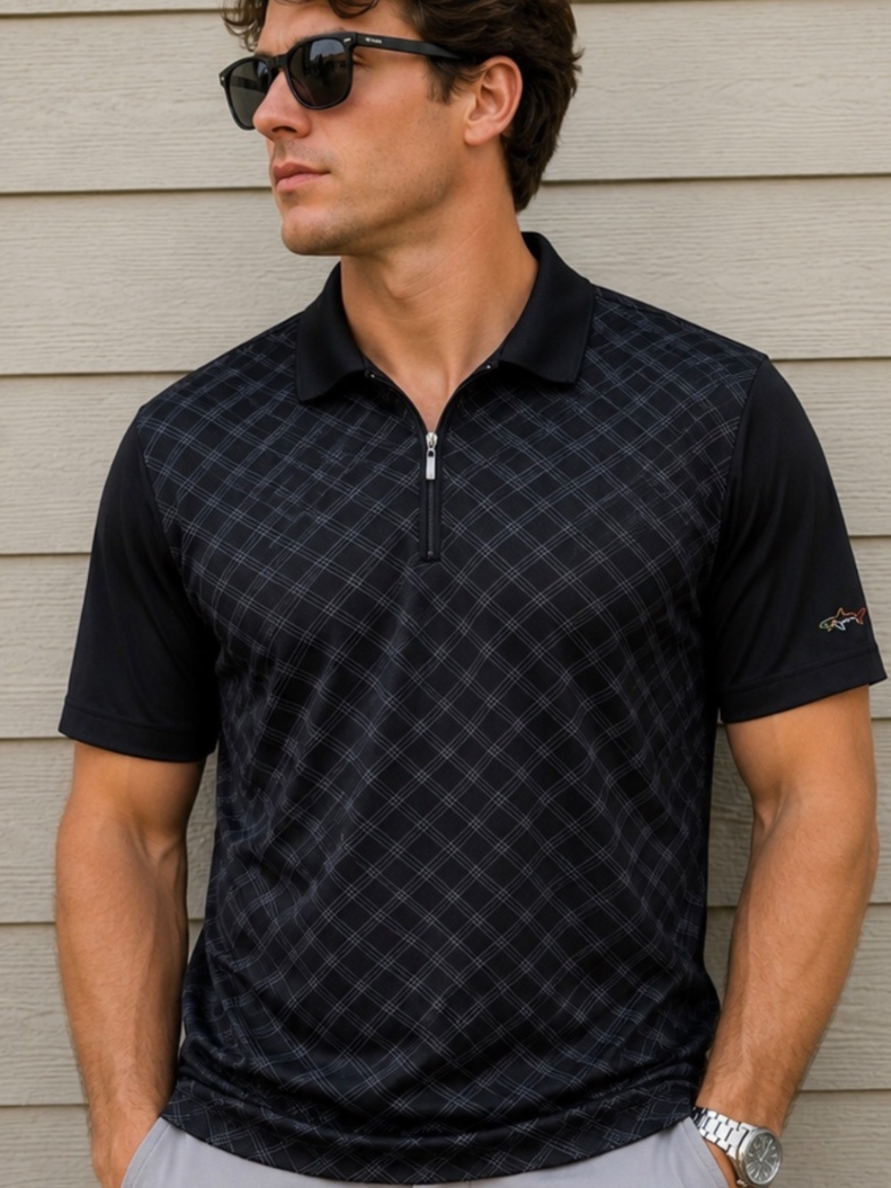 Greg Norman for Tasso Elba PlayDry Performance Golf Polo Shirt Black Plaid XL